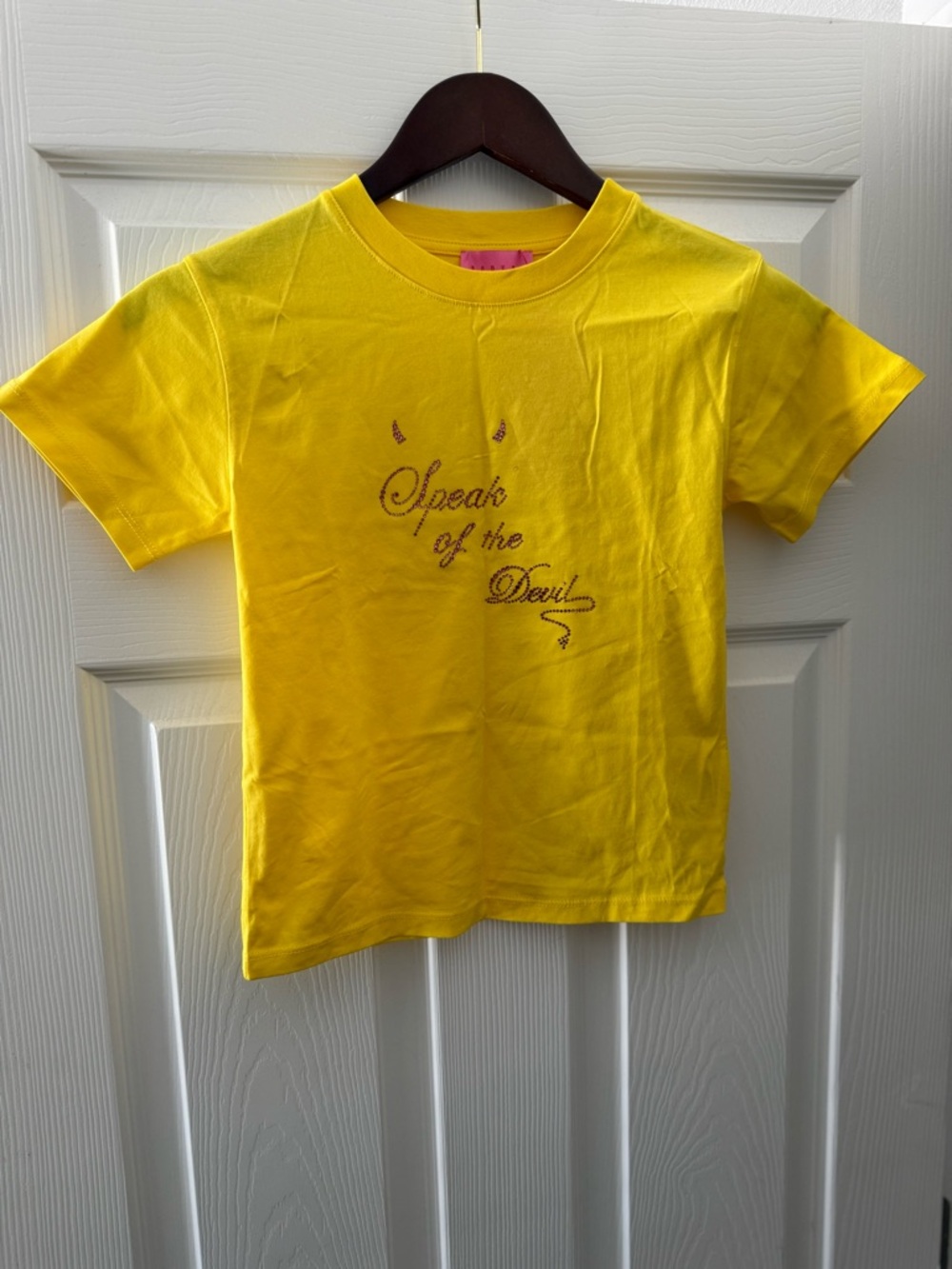 debut Yellow Short Sleeve Tee with Rhinestone 'Speak of the Devil' Script